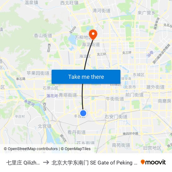 七里庄  Qilizhuang to 北京大学东南门 SE Gate of Peking University map
