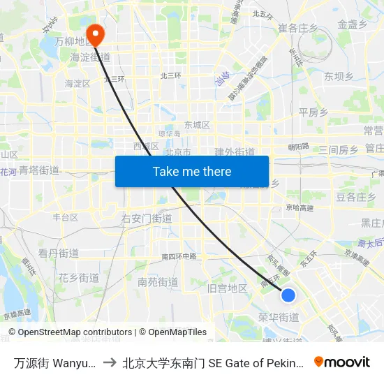 万源街 Wanyuan Jie to 北京大学东南门 SE Gate of Peking University map