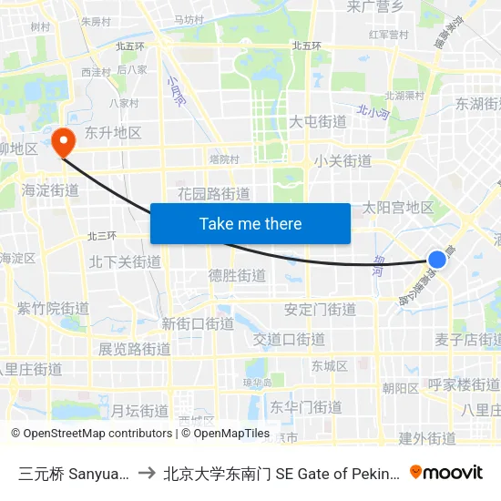 三元桥 Sanyuan Qiao to 北京大学东南门 SE Gate of Peking University map