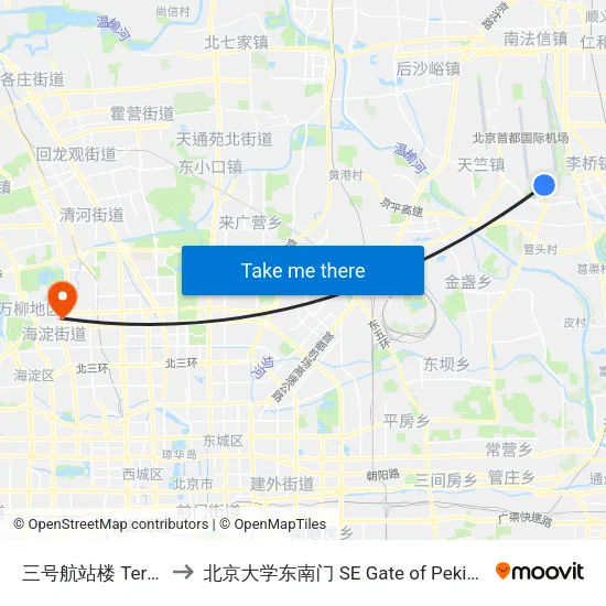 三号航站楼  Terminal 3 to 北京大学东南门 SE Gate of Peking University map