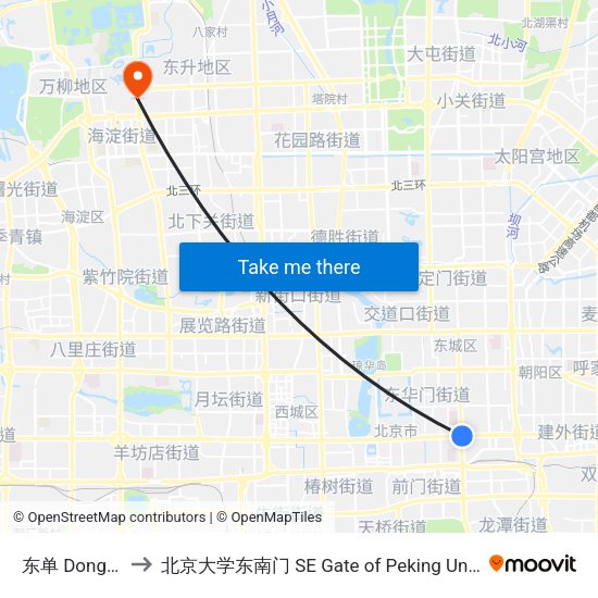 东单 Dongdan to 北京大学东南门 SE Gate of Peking University map