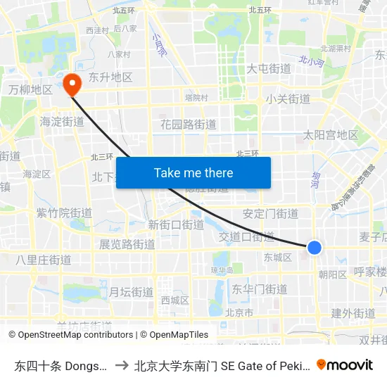 东四十条 Dongsi Shitiao to 北京大学东南门 SE Gate of Peking University map