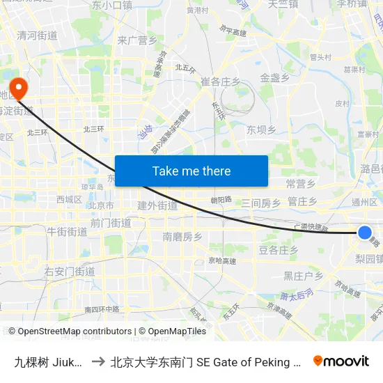 九棵树 Jiukeshu to 北京大学东南门 SE Gate of Peking University map