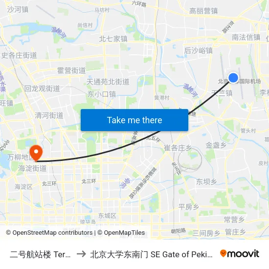 二号航站楼 Terminal 2 to 北京大学东南门 SE Gate of Peking University map