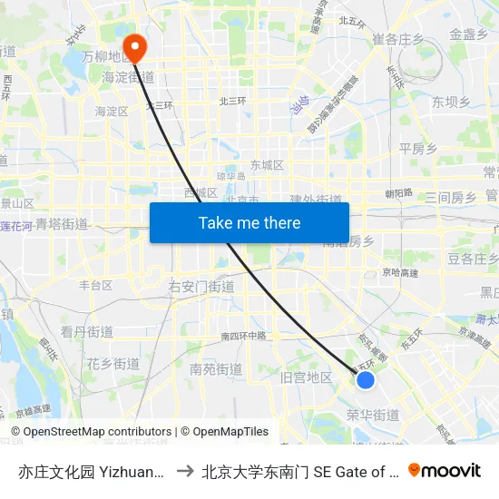 亦庄文化园 Yizhuang Culture Park to 北京大学东南门 SE Gate of Peking University map