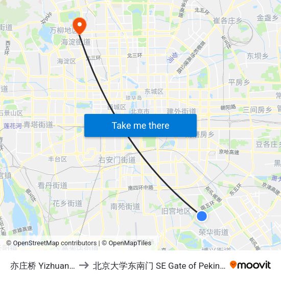 亦庄桥 Yizhuang Qiao to 北京大学东南门 SE Gate of Peking University map