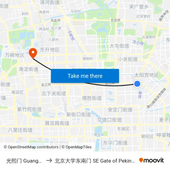 光熙门 Guangxi Men to 北京大学东南门 SE Gate of Peking University map