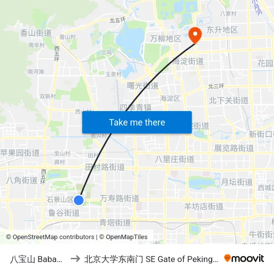 八宝山 Babaoshan to 北京大学东南门 SE Gate of Peking University map