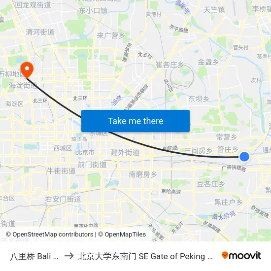 八里桥 Bali Qiao to 北京大学东南门 SE Gate of Peking University map