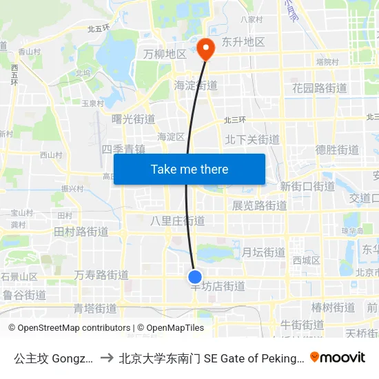 公主坟 Gongzhufen to 北京大学东南门 SE Gate of Peking University map