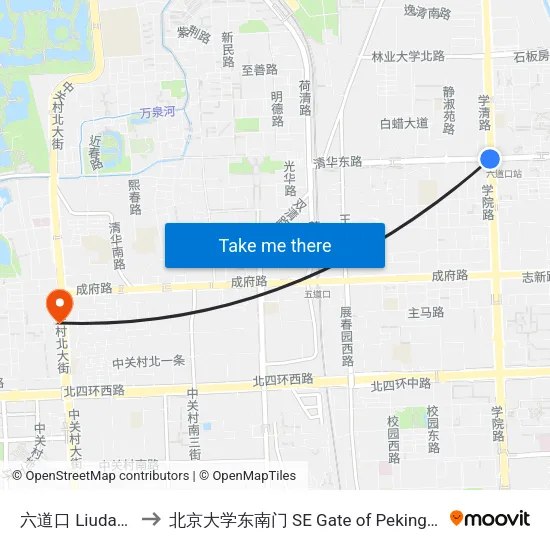 六道口 Liudao Kou to 北京大学东南门 SE Gate of Peking University map