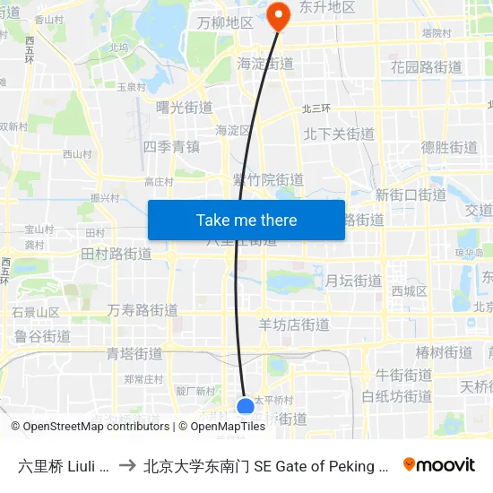 六里桥 Liuli Qiao to 北京大学东南门 SE Gate of Peking University map
