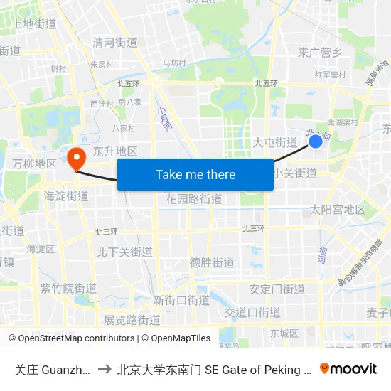 关庄 Guanzhuang to 北京大学东南门 SE Gate of Peking University map