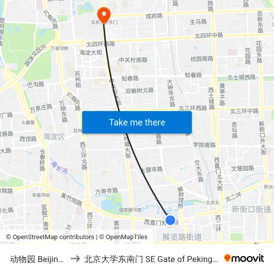 动物园 Beijing Zoo to 北京大学东南门 SE Gate of Peking University map