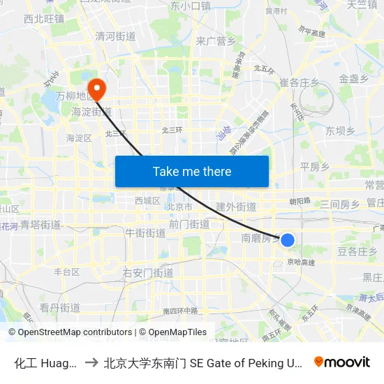 化工 Huagong to 北京大学东南门 SE Gate of Peking University map
