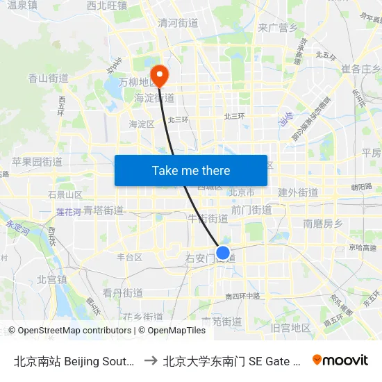 北京南站 Beijing South Railway Station to 北京大学东南门 SE Gate of Peking University map