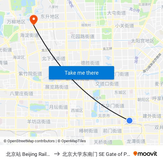 北京站 Beijing Railway Station to 北京大学东南门 SE Gate of Peking University map
