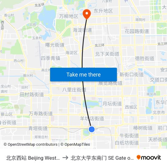 北京西站 Beijing West Railway Station to 北京大学东南门 SE Gate of Peking University map