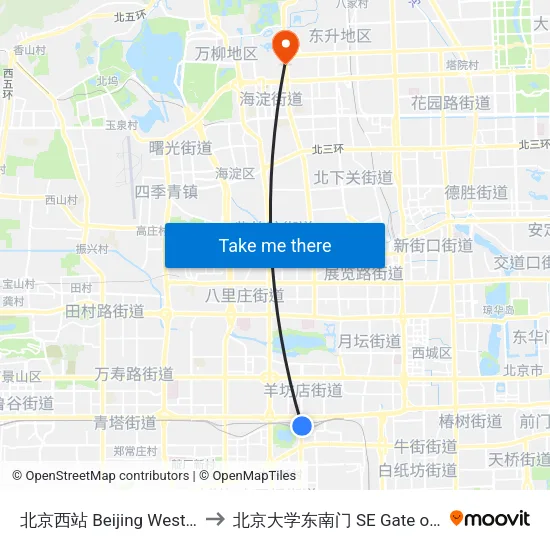 北京西站 Beijing West Railway Station to 北京大学东南门 SE Gate of Peking University map