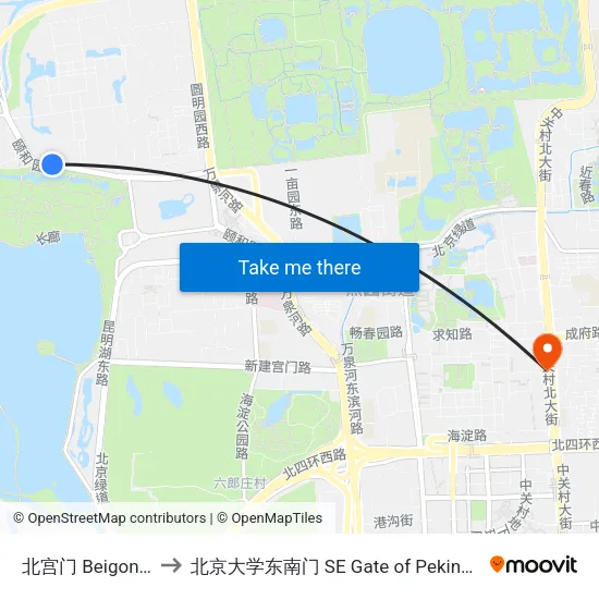 北宫门 Beigongmen to 北京大学东南门 SE Gate of Peking University map