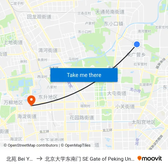 北苑 Bei Yuan to 北京大学东南门 SE Gate of Peking University map