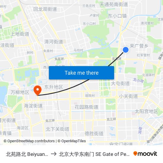 北苑路北  Beiyuanlu Bei (N) to 北京大学东南门 SE Gate of Peking University map