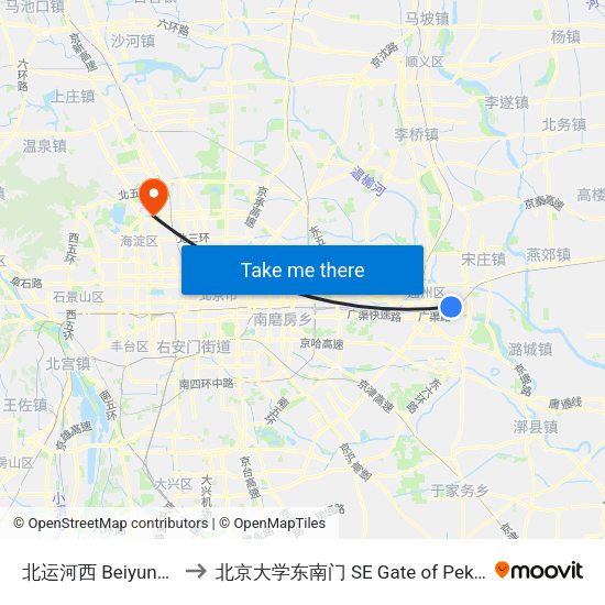 北运河西 Beiyunhe XI (W) to 北京大学东南门 SE Gate of Peking University map
