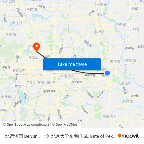 北运河西 Beiyunhe XI (W) to 北京大学东南门 SE Gate of Peking University map