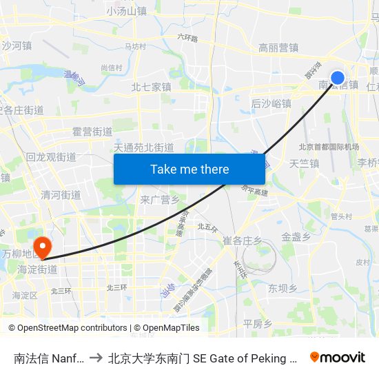 南法信 Nanfaxin to 北京大学东南门 SE Gate of Peking University map