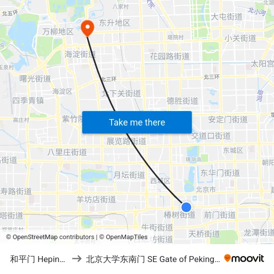 和平门 Heping Men to 北京大学东南门 SE Gate of Peking University map