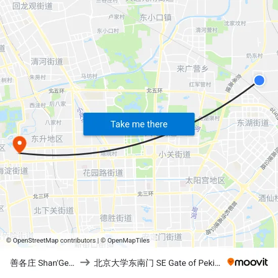 善各庄 Shan'Gezhuang to 北京大学东南门 SE Gate of Peking University map