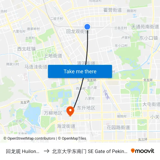 回龙观 Huilong Guan to 北京大学东南门 SE Gate of Peking University map
