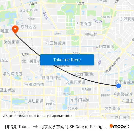 团结湖 Tuanjiehu to 北京大学东南门 SE Gate of Peking University map