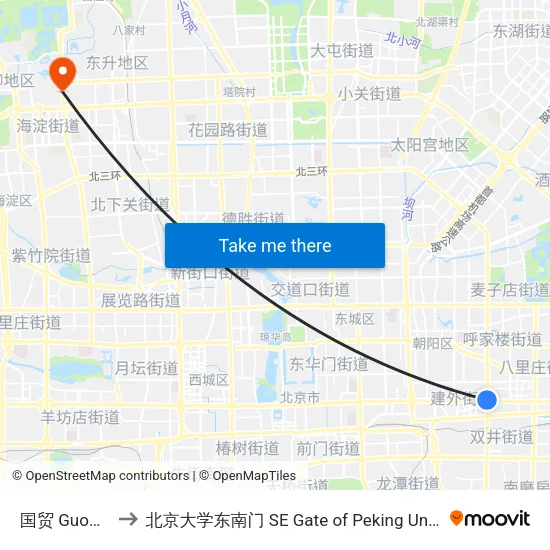 国贸 Guomao to 北京大学东南门 SE Gate of Peking University map