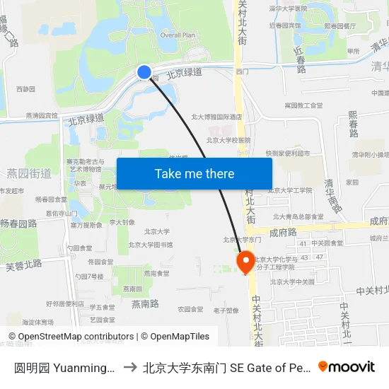 圆明园 Yuanmingyuan Park to 北京大学东南门 SE Gate of Peking University map