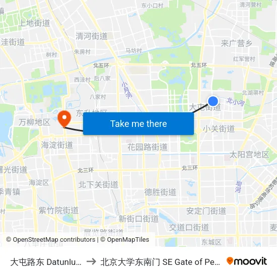 大屯路东 Datunlu Dong (E) to 北京大学东南门 SE Gate of Peking University map