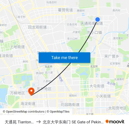 天通苑 Tiantong Yuan to 北京大学东南门 SE Gate of Peking University map