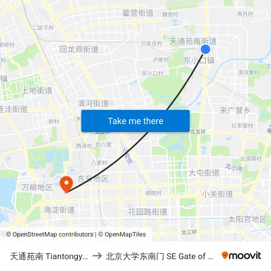 天通苑南 Tiantongyuan Nan (S) to 北京大学东南门 SE Gate of Peking University map
