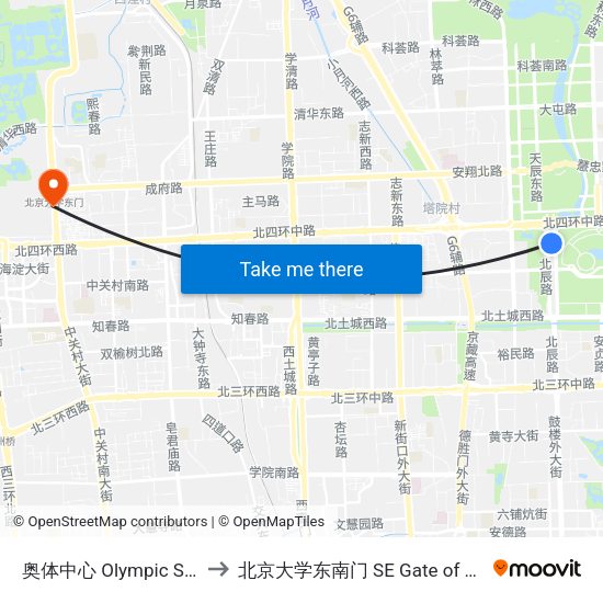 奥体中心 Olympic Sports Center to 北京大学东南门 SE Gate of Peking University map