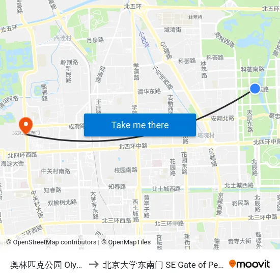 奥林匹克公园 Olympic Park to 北京大学东南门 SE Gate of Peking University map