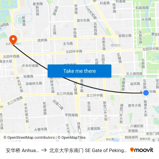 安华桥 Anhua Qiao to 北京大学东南门 SE Gate of Peking University map