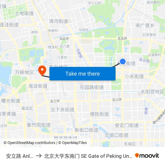 安立路 Anli Lu to 北京大学东南门 SE Gate of Peking University map