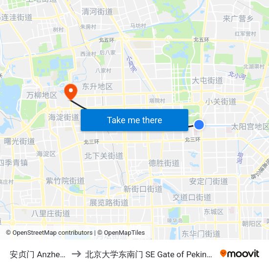 安贞门 Anzhen Men to 北京大学东南门 SE Gate of Peking University map