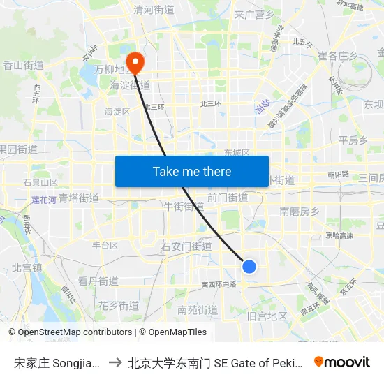 宋家庄 Songjiazhuang to 北京大学东南门 SE Gate of Peking University map