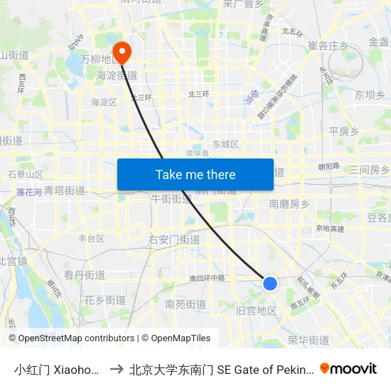 小红门 Xiaohong Men to 北京大学东南门 SE Gate of Peking University map