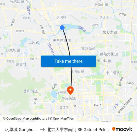 巩华城 Gonghua Cheng to 北京大学东南门 SE Gate of Peking University map