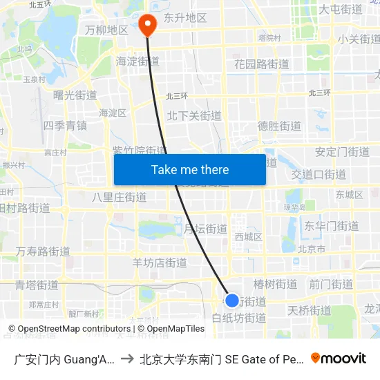 广安门内 Guang'Anmen Nei to 北京大学东南门 SE Gate of Peking University map