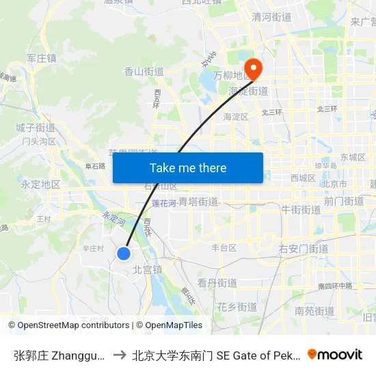 张郭庄 Zhangguozhuang to 北京大学东南门 SE Gate of Peking University map
