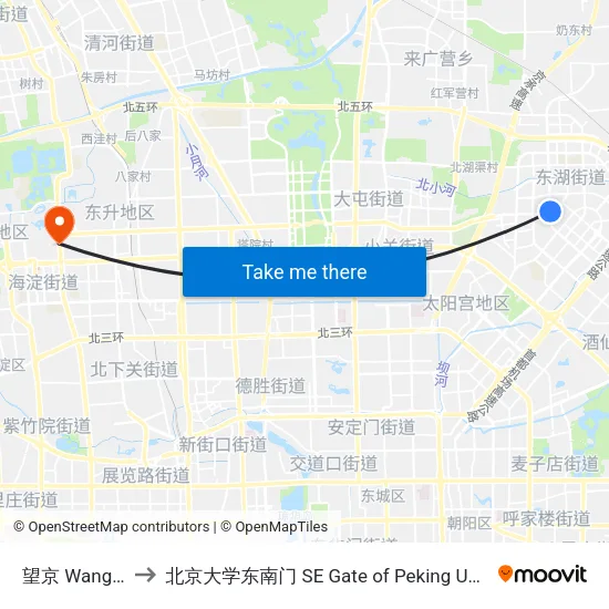 望京 Wangjing to 北京大学东南门 SE Gate of Peking University map