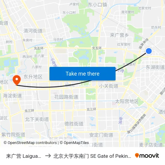 来广营 Laiguangying to 北京大学东南门 SE Gate of Peking University map